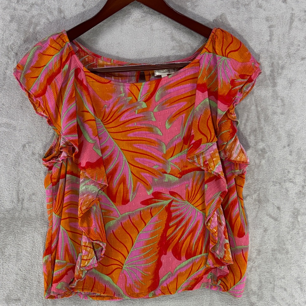 Cynthia Rowley Pink & Orange Tropical Ruffle-Sleeve Blouse Size M
